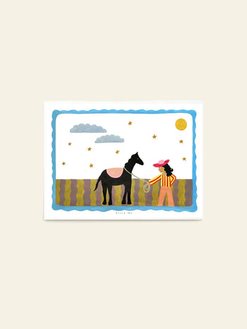 The Poster Club Kelly Jay - A Journey Begins (30x40) art print features a person in a hat holding a rope tied to a black horse, standing in a sunny field with clouds and stars, all framed by blue—a charming piece from The Poster Club.