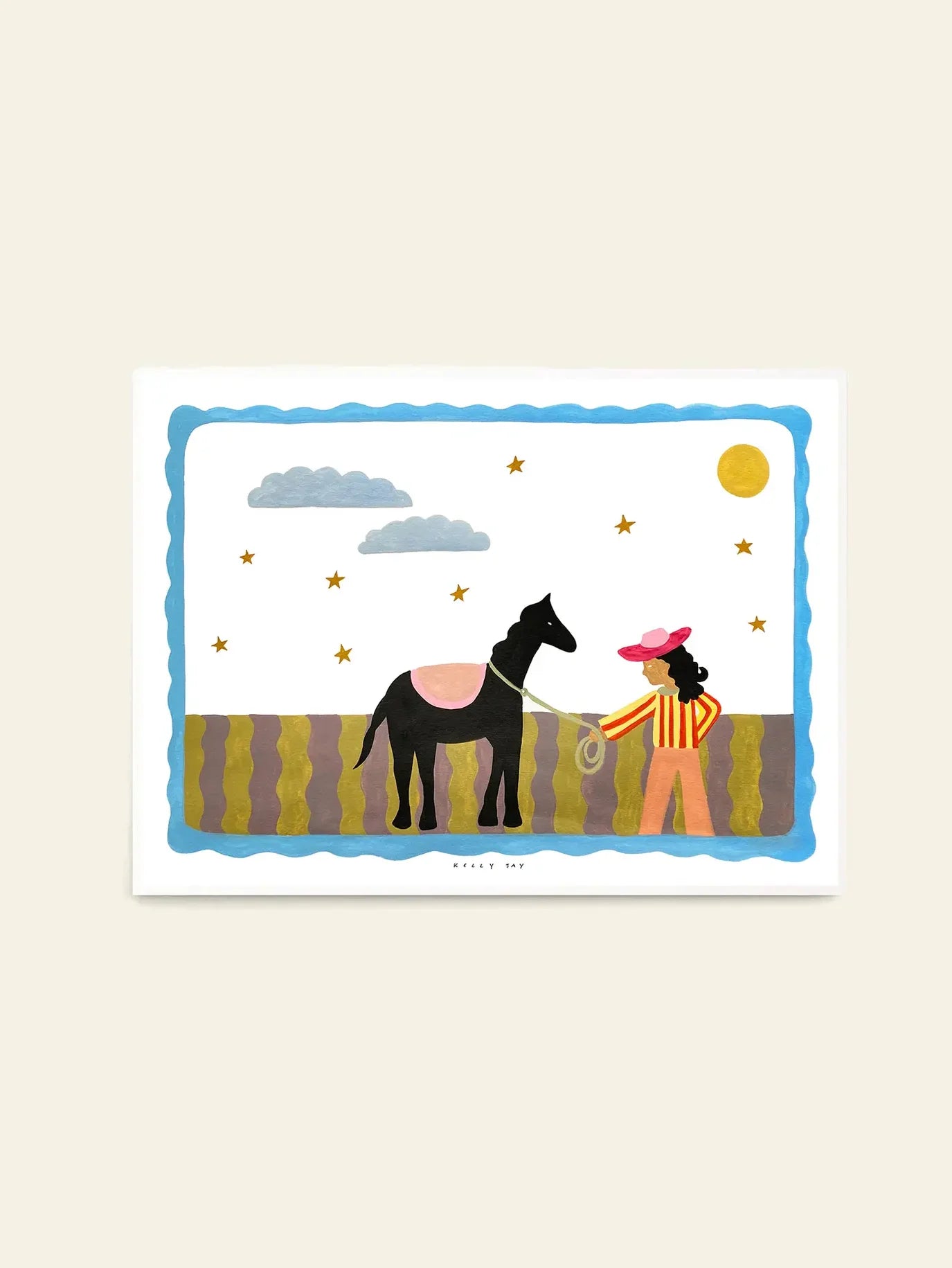The Poster Club Kelly Jay - A Journey Begins (50x70) by The Poster Club features a person in a pink hat and striped shirt holding a lead rope with a black horse, set among clouds, stars, the sun, and wavy ground lines.