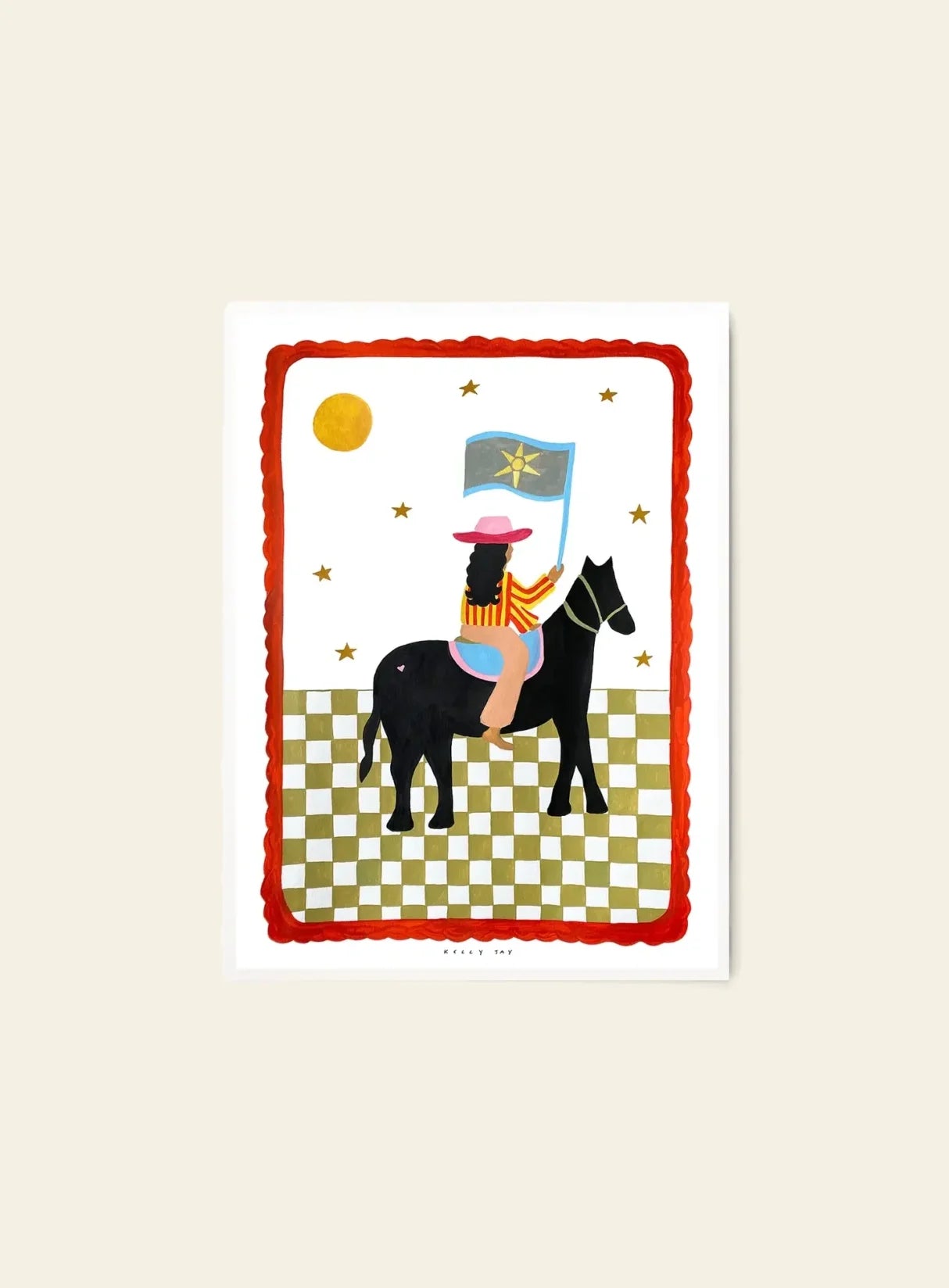 The Poster Club Kelly Jay - The More I Travel (30x40): A vibrant art print of a figure in a pink hat on a black horse with checkered ground, blue flag with yellow star, gold stars, yellow sun, and a red scalloped border. Brand: The Poster Club.