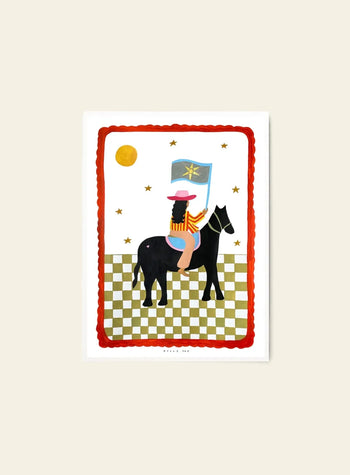 The Poster Club Kelly Jay - The More I Travel (30x40): A vibrant art print of a figure in a pink hat on a black horse with checkered ground, blue flag with yellow star, gold stars, yellow sun, and a red scalloped border. Brand: The Poster Club.