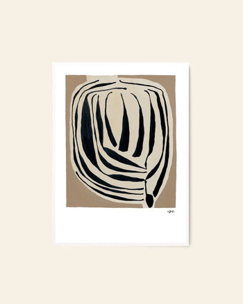 The Poster Club Leise Dich Abrahamsen - Layered (50x70) art print features bold black and beige organic lines forming a rounded, leaf-like shape on a tan background with a white border, styled against a light beige wall.