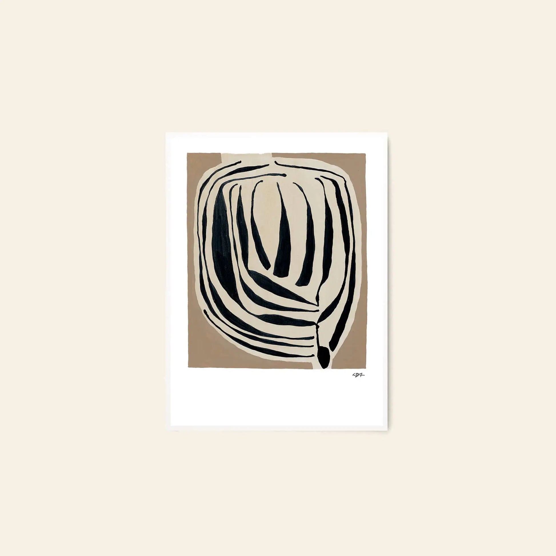 The Poster Club Berit Mogensen Lopez - Checkered (50x70) art print features bold, curved black lines on a beige and tan background, creating organic shapes. Presented with a white mat and neutral light beige backdrop by The Poster Club.
