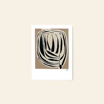The Poster Club Berit Mogensen Lopez - Bloom (50x70) features bold black and cream curved lines forming an organic shape on a tan background, centered on a white mat and signed—part of The Poster Club’s Berit Mogensen Lopez collection.