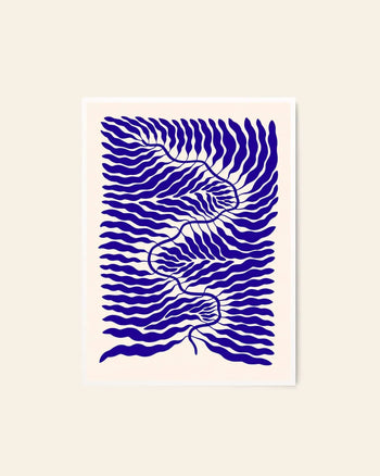 The Poster Club Linnéa Andersson - Little Blue (50x70) art print features abstract, wavy dark blue lines with a leaf-like pattern and a central curving line, reflecting Andersson’s signature style. From The Poster Club.