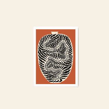 The Poster Clubs Flowers in Blue Vase by Madelen Möllard (50x70) features a minimalist design with abstract shapes and wavy lines, highlighting a striking blue vase against a warm background, all bordered in crisp white.