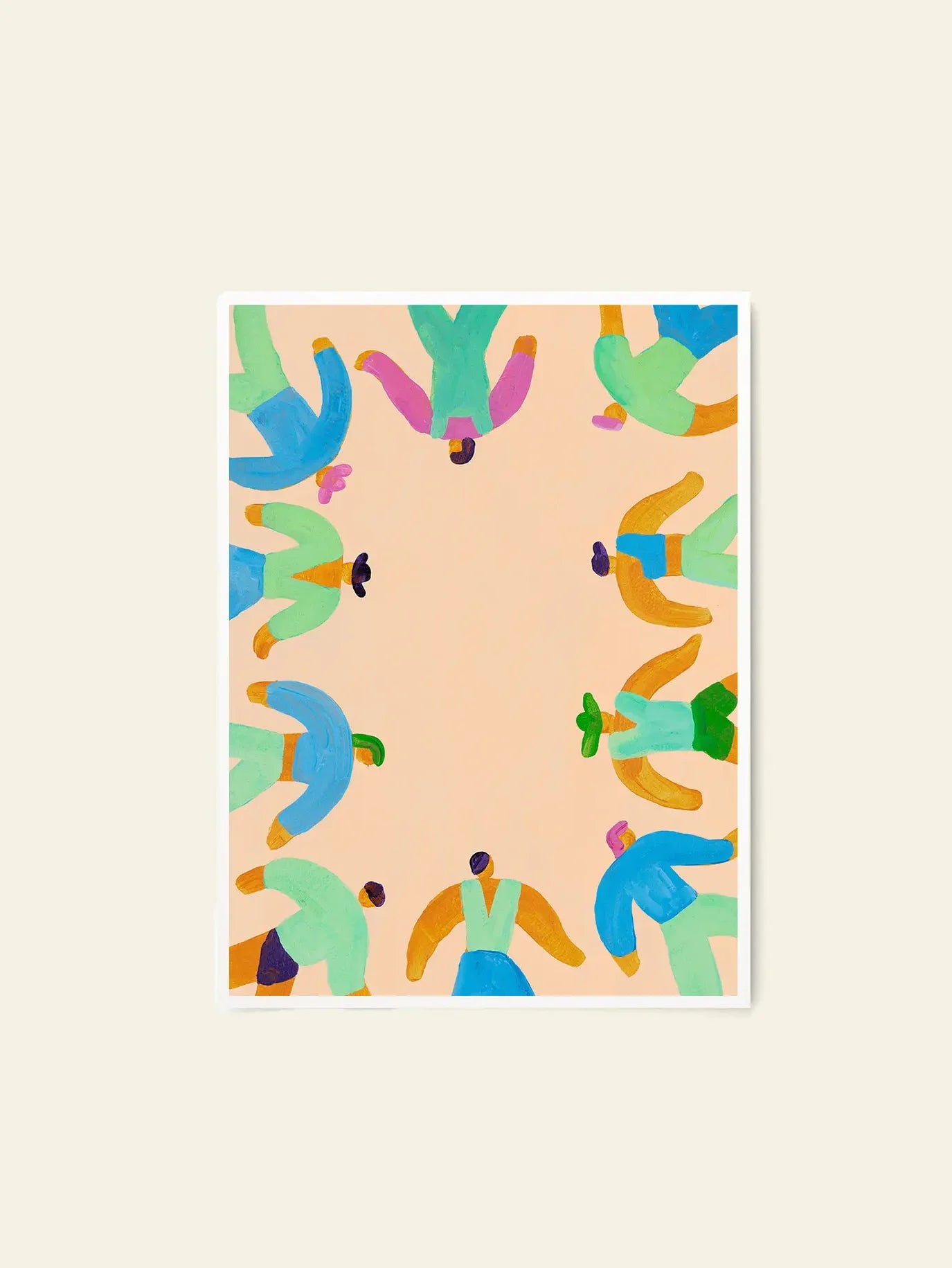 Colorful abstract shapes in green, blue, pink, and yellow form a circle on a light peach background. The Poster Club Lise Uhrskov - On The Edge (50x70) fine art print is crafted on premium paper for vibrant, lasting beauty.