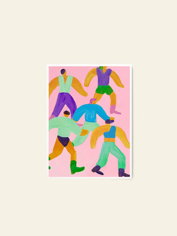 The Poster Club Lise Uhrskov - Walk The Walk (30x40) features six abstract human figures in bold, vibrant outfits, striking playful poses on a light pink background—a geometric, fine art-inspired piece by The Poster Club.