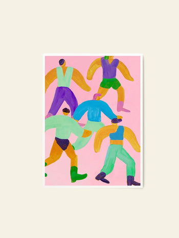 The Poster Club Lise Uhrskov - Walk The Walk (50x70) is a vibrant giclée print featuring five abstract human figures with exaggerated limbs dancing energetically against a pink backdrop in bold greens, blues, purples, and oranges.