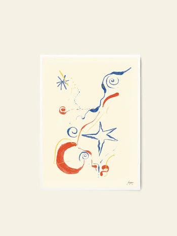 Featuring swirling red, blue, and yellow lines and shapes on cream, The Poster Club Lucrecia Rey Caro - Nos Encontramos (50x70) is a playful minimalist art print adding vibrant energy to any room.