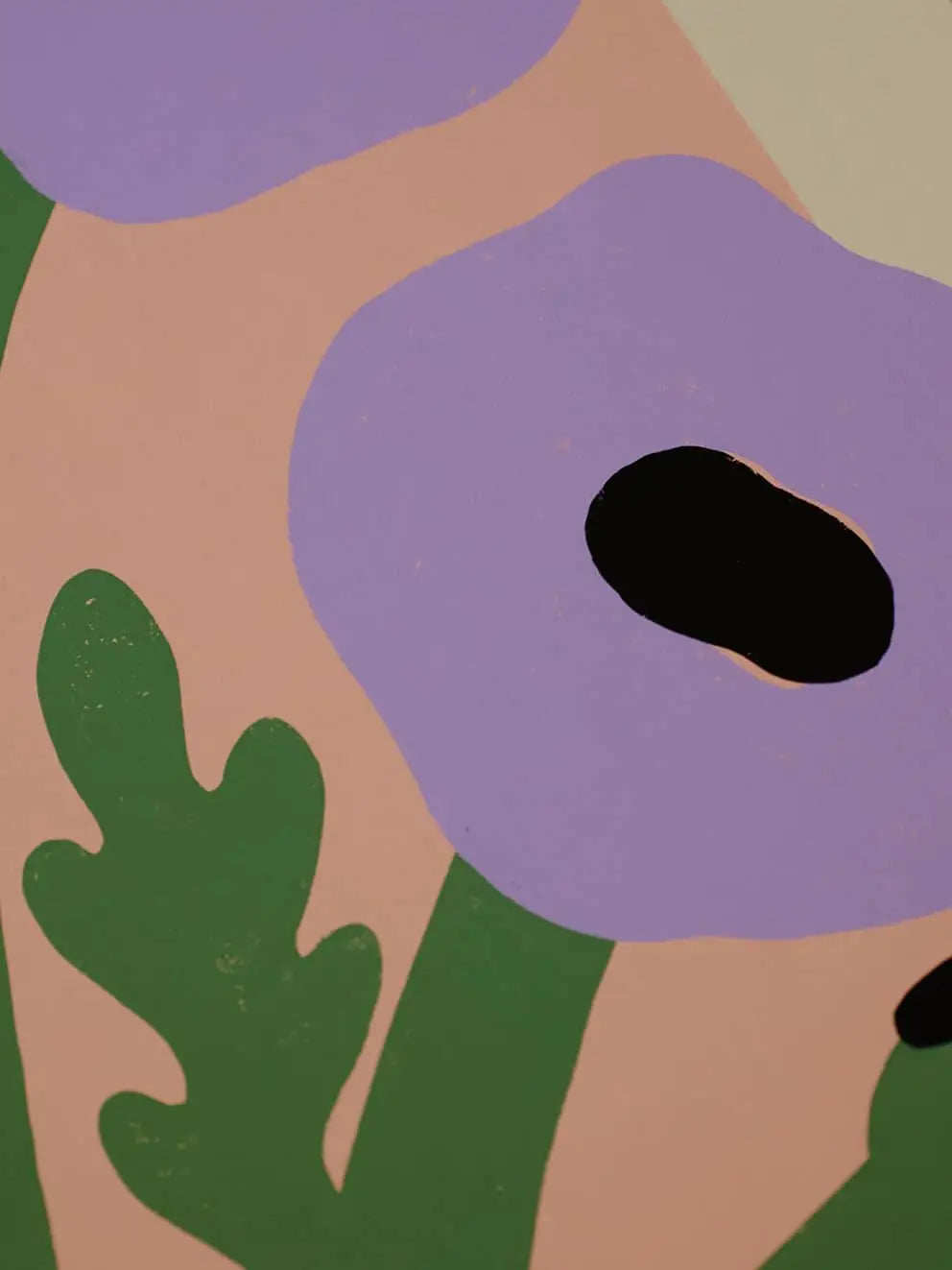 Purple Poppies by Madelen Möllard for The Poster Club features a large lavender flower with black center, green leaves, and stems on a peach background—available as a stunning 50x70 cm giclée print.
