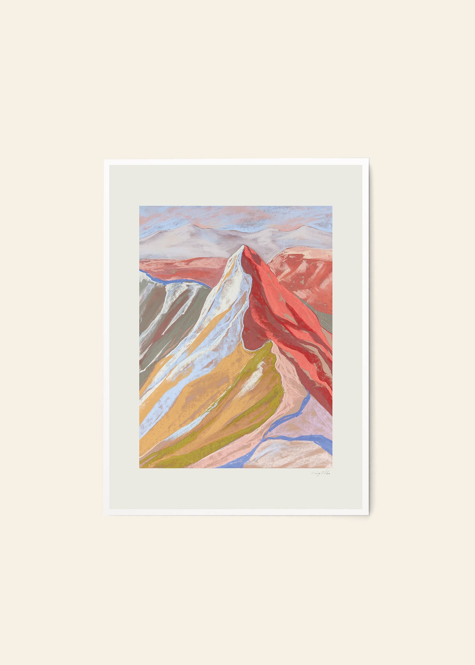 The Poster Club Mandy Maria - Cuillin Ridge VII (50x70) is a vibrant giclée print featuring layered mountain colors under a pastel sky, set in a white frame with a light beige background—artwork by Mandy Maria for The Poster Club.