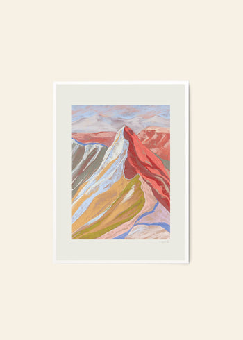 The Poster Club Mandy Maria - Cuillin Ridge VII (50x70) is a vibrant giclée print featuring layered mountain colors under a pastel sky, set in a white frame with a light beige background—artwork by Mandy Maria for The Poster Club.