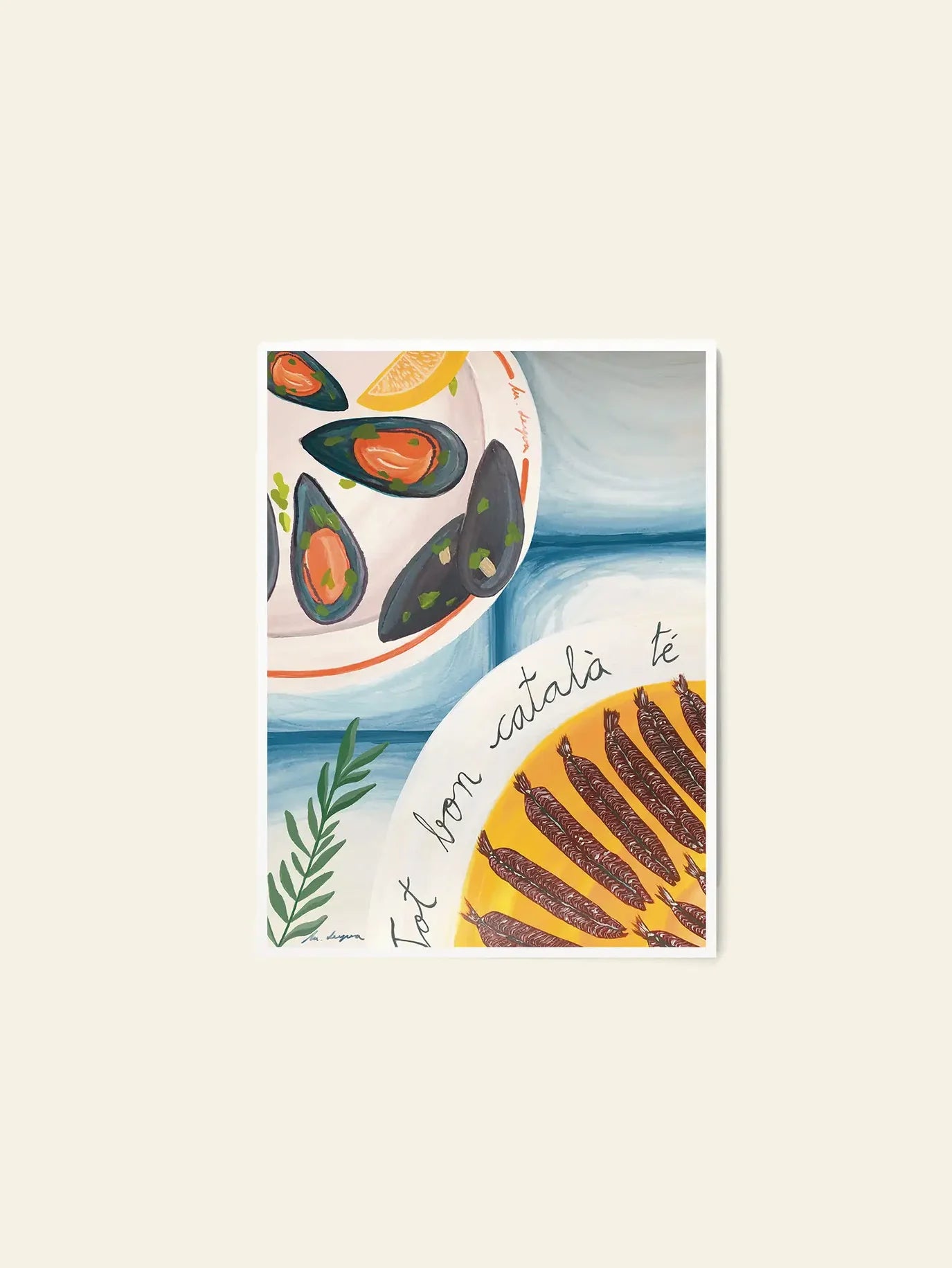 The Poster Club Marta Levya - Bona Cuina 01 (30x40) features a Mediterranean-style giclée print of plates with mussels, cured meats, the phrase tot bon català té, and rosemary, set on a light background. Brand: The Poster Club.