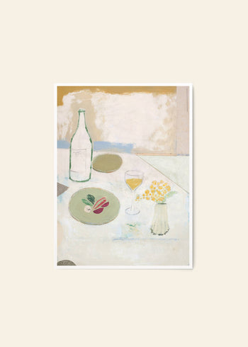 The Poster Club Max Ososki - Fleurs Jaunes (30x40) by The Poster Club depicts minimalist fine art with a table, green plate of vegetables, wine glass, bottle, yellow flowers in a vase, and a round object—ideal as an elegant giclée print.
