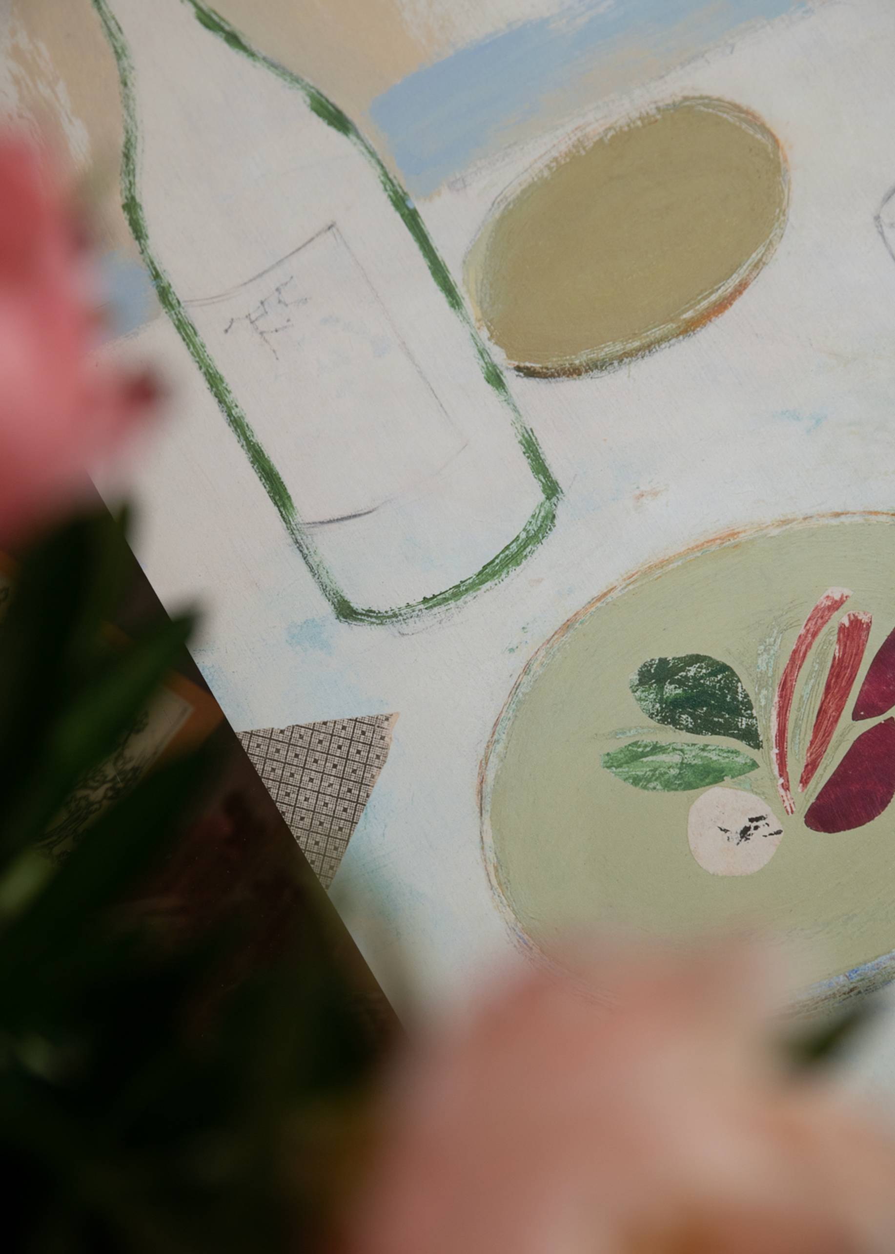 A fine art giclée print of Fleurs Jaunes by Max Ososki (30x40) from The Poster Club, depicting a painted still life with a green bottle, leafy vegetables, an oval object, and blurred pink flowers in the foreground.