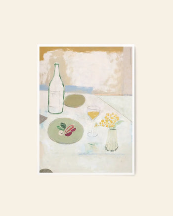 The Poster Club Max Ososki - Fleurs Jaunes (50x70) is a minimalist art print featuring a table with a green plate of sliced vegetables, wine glass, bottle, and yellow flowers, evoking vintage textiles. Brand: The Poster Club.