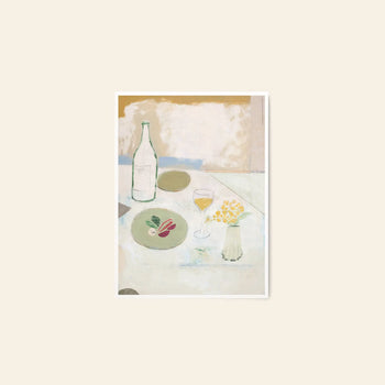 The Poster Club Berit Mogensen Lopez - Bloom (50x70): A minimalist art print featuring a table scene with wine, glass, yellow flowers, and radishes on a pale background. Available from The Poster Club.
