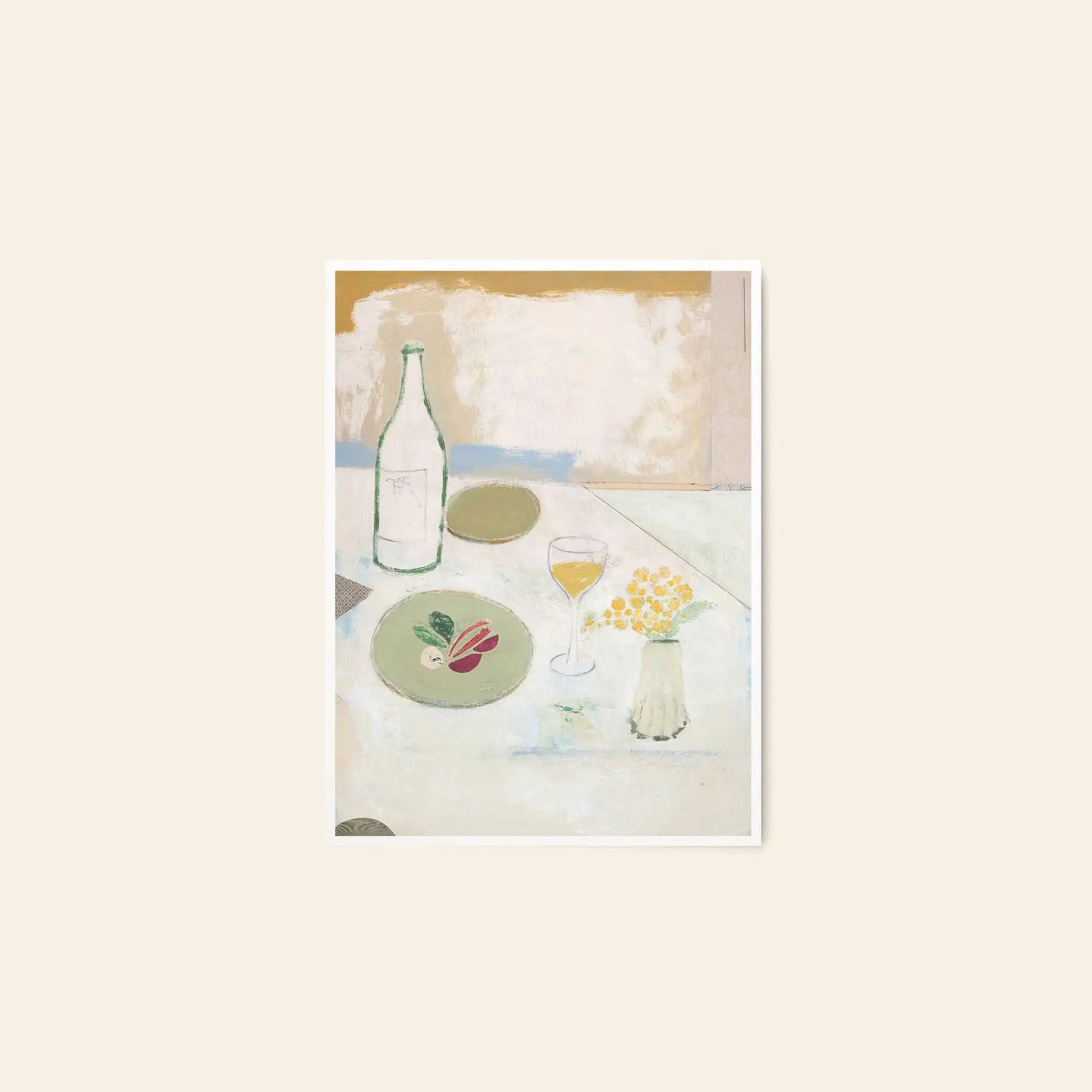 The Poster Club Berit Mogensen Lopez - Checkered (50x70) art print by The Poster Club features a minimalist table scene with green vegetables, wine, glass, and yellow flowers on a pale background—ideal for modern interiors.