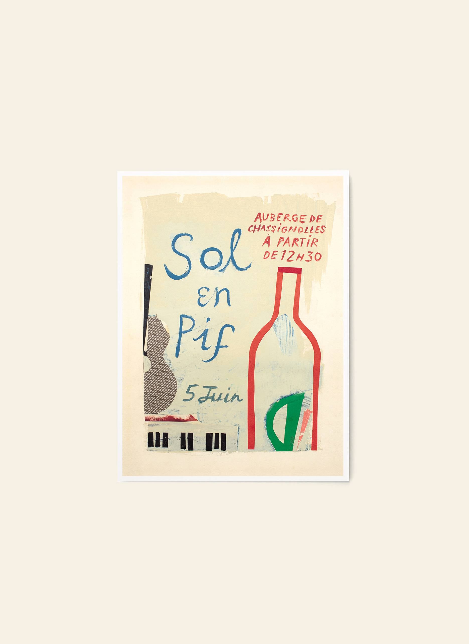 The Poster Club Max Ososki - Sol En Pif (30x40) features a collage art print with a wine bottle, violin, and piano keys, plus French event text on a light background. Art by Max Ososki. Brand: The Poster Club.