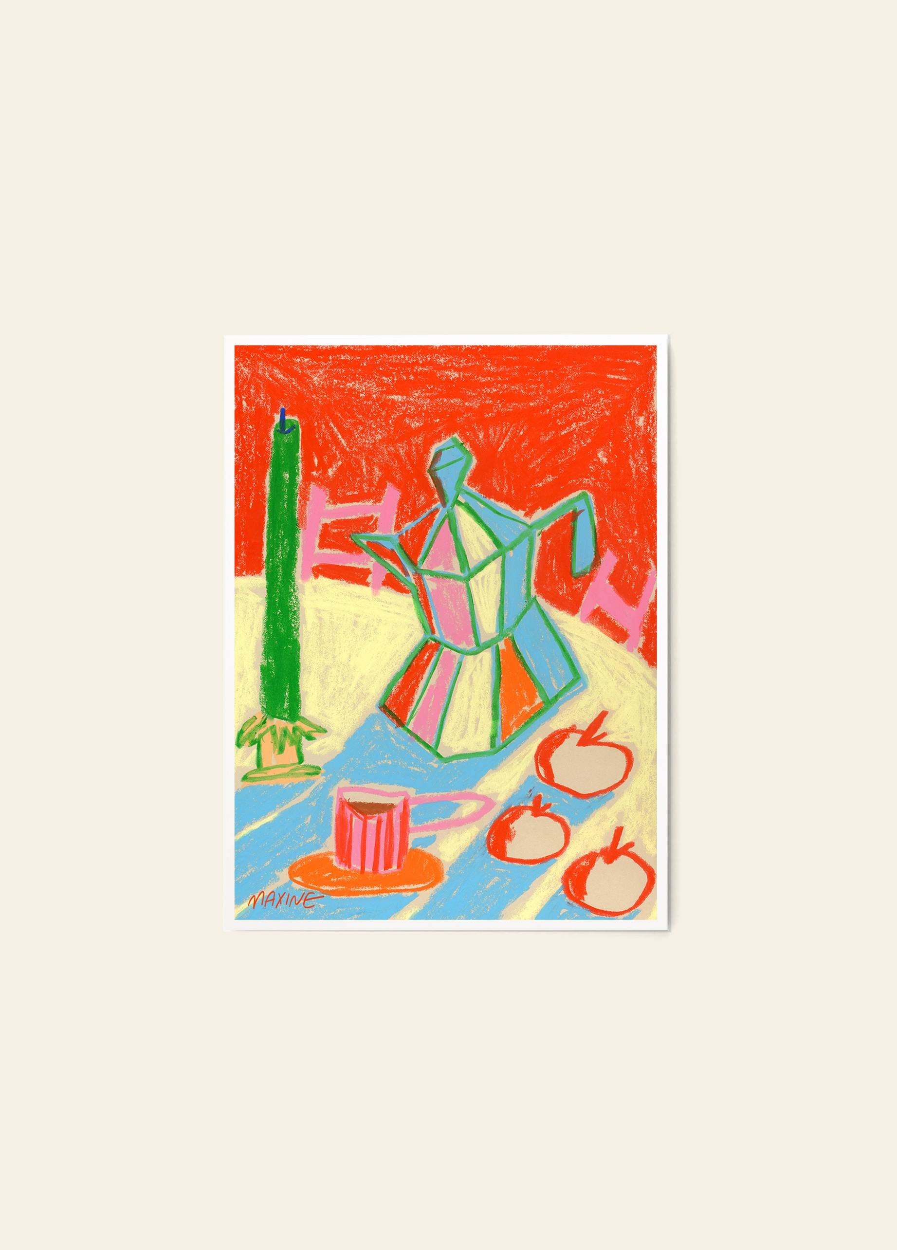 The Poster Club Maxine Mccrann - Bialetti And Clementines (30x40) features a vibrant crayon-style drawing with a moka pot, striped mug, green candle, and fruit. Fine art giclée print on premium art paper from The Poster Club.