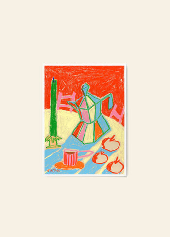 The Poster Club Maxine Mccrann - Bialetti And Clementines (30x40) features a vibrant crayon-style drawing with a moka pot, striped mug, green candle, and fruit. Fine art giclée print on premium art paper from The Poster Club.