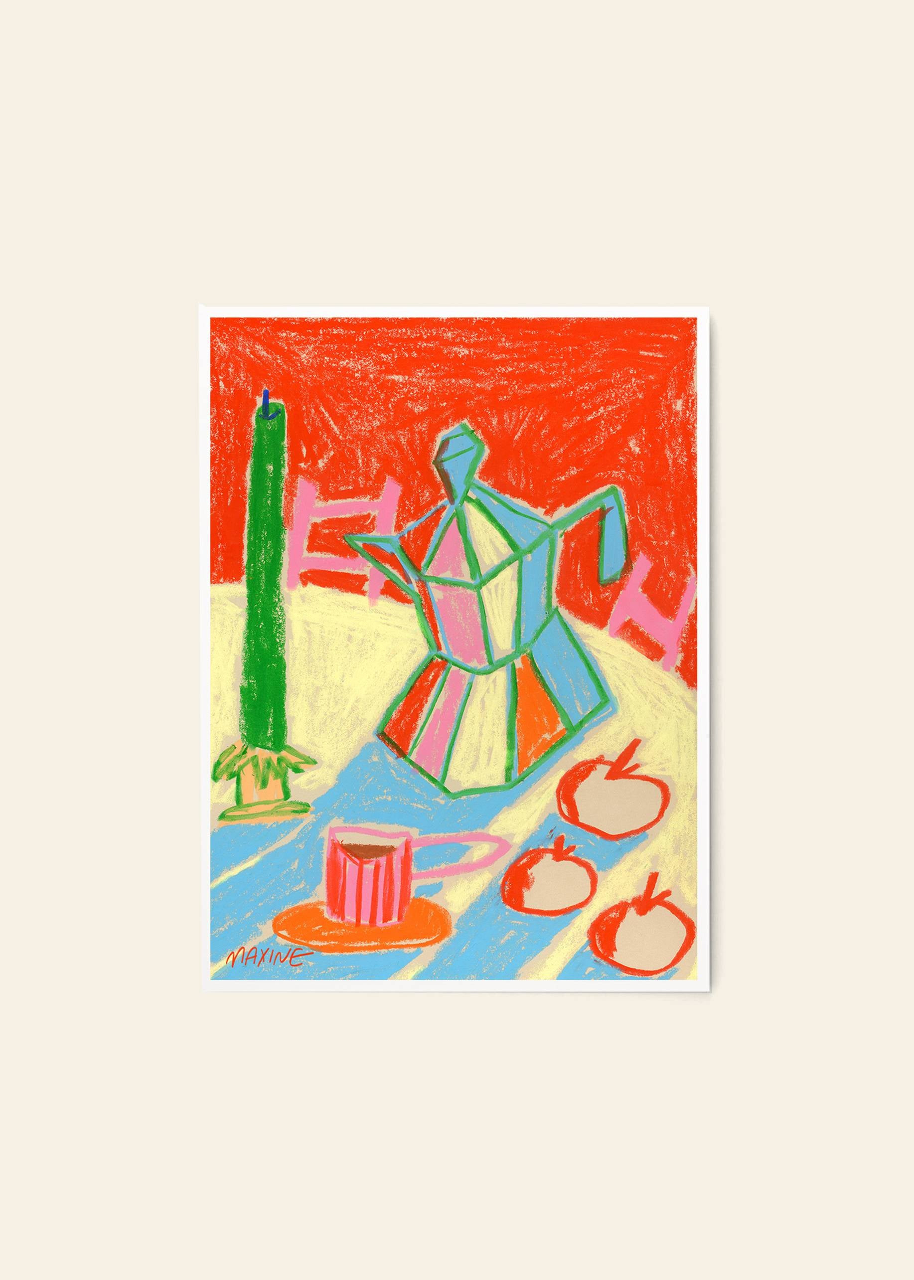 Maxine McCranns Bialetti And Clementines (50x70) from The Poster Club features a vibrant crayon artwork of a moka pot, green plant, red tomatoes, and pink cup on stripes—available as a fine art giclée print.