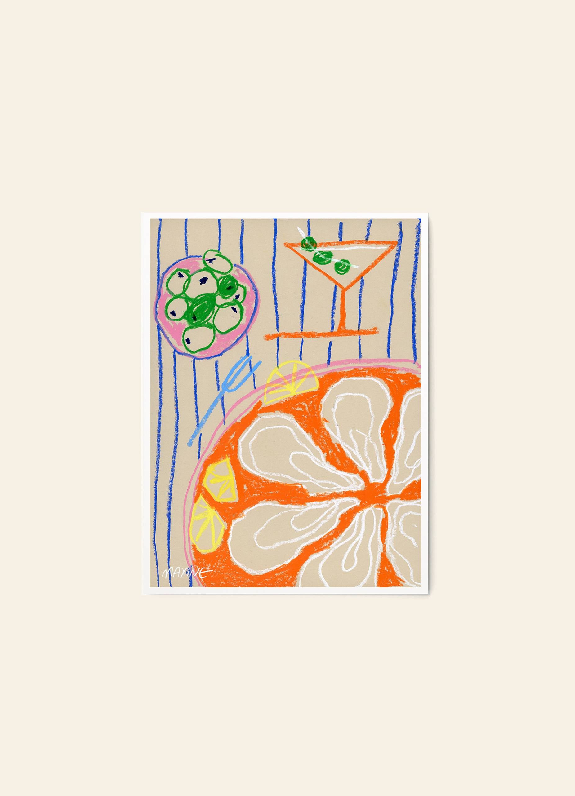 Colorful drawing of an orange slice, cocktail with lime, and green olives on a striped background—available as Martini And Oysters (30x40) fine art giclée print by Maxine McCrann from The Poster Club.