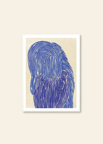 The Poster Club’s Rebecca Hein - Deep Blue (30x40) showcases blue, wavy lines forming two embracing figures on a beige background. This ocean-inspired artwork evokes movement and intimacy, elegantly framed in white.