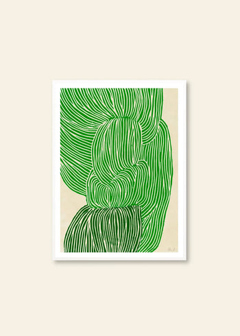 Rebecca Hein - Green Ocean (30x40) by The Poster Club features bold, wavy green lines forming organic, leaf-like shapes on a beige background and comes in a simple white frame.