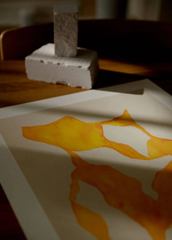 Rebecca Hein - Shadow No. 14 (30x40) by The Poster Club features bold, irregular orange shapes on white, inspired by Nordic design, with a rectangular block casting soft shadows over the abstract art print.