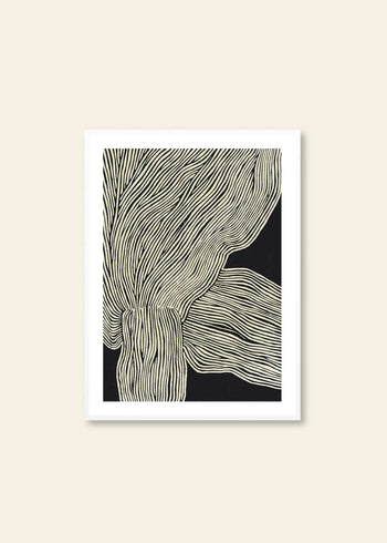 Rebecca Hein - The Line No. 13 (30x40) by The Poster Club features cream wavy lines on black, forming organic shapes. Displayed with a white mat and frame on a beige wall, it blends Nordic simplicity with modern elegance.