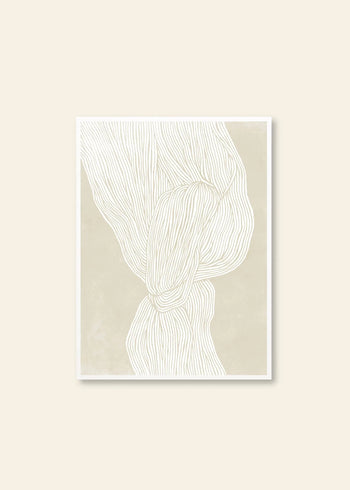 Rebecca Hein - The Line No. 7 (30x40) by The Poster Club features thin, white wavy lines forming an abstract knot on a beige background—ideal for lovers of Nordic-inspired minimalist decor and aesthetic sustainability.