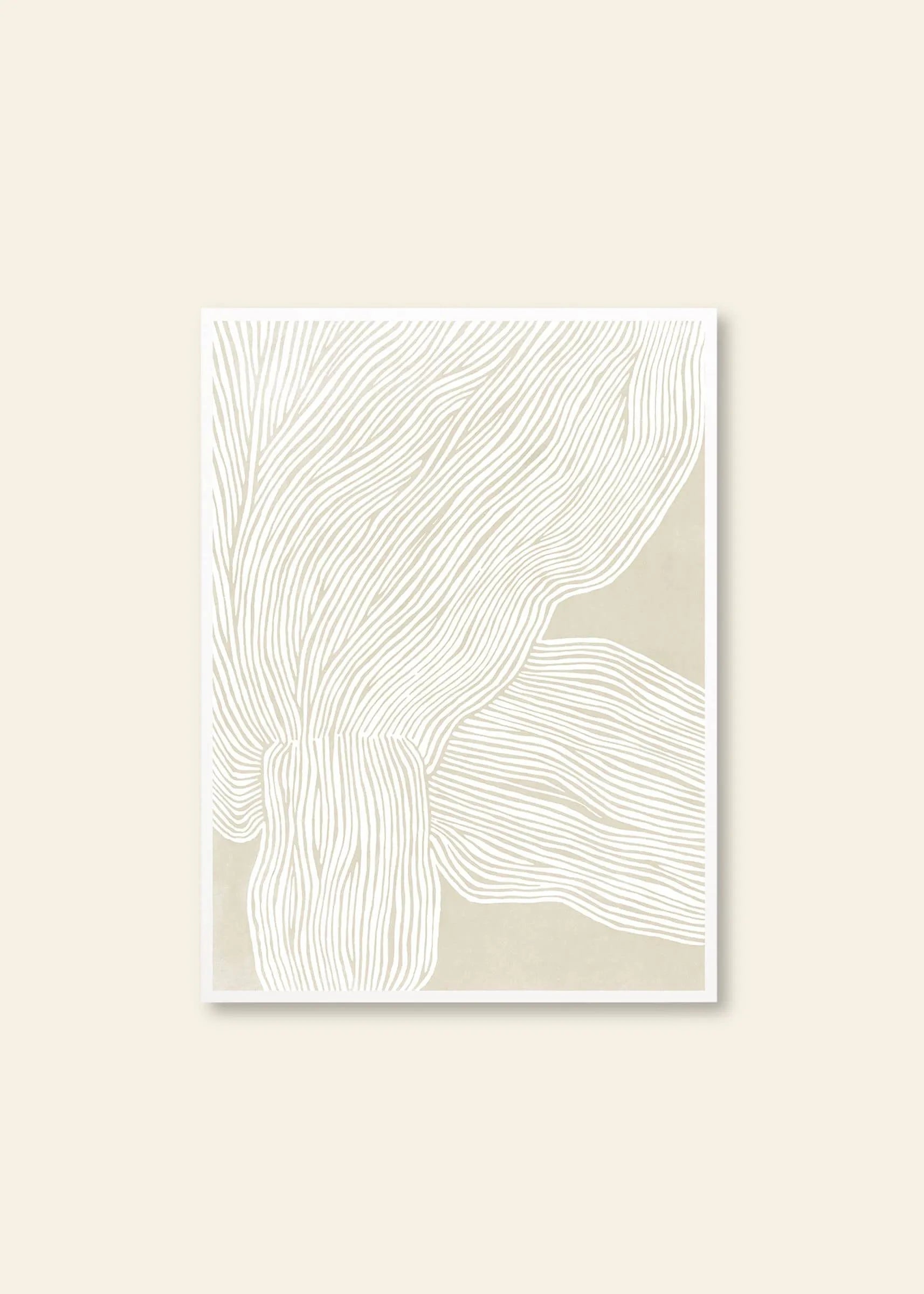 Rebecca Hein - The Line No. 9 (30x40) by The Poster Club features minimalist Nordic abstract art—wavy white lines and organic shapes on beige, framed with a white border, for an elegant touch to any light-toned wall.