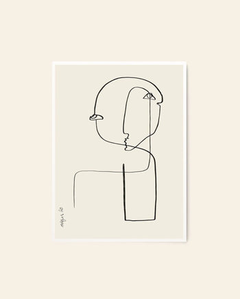 Sculpture No. 02 (50x70) by Robin Ahlgren for The Poster Club features an abstract, minimalist line drawing of a human face and shoulders in black on light beige, with simple details and two eyes.