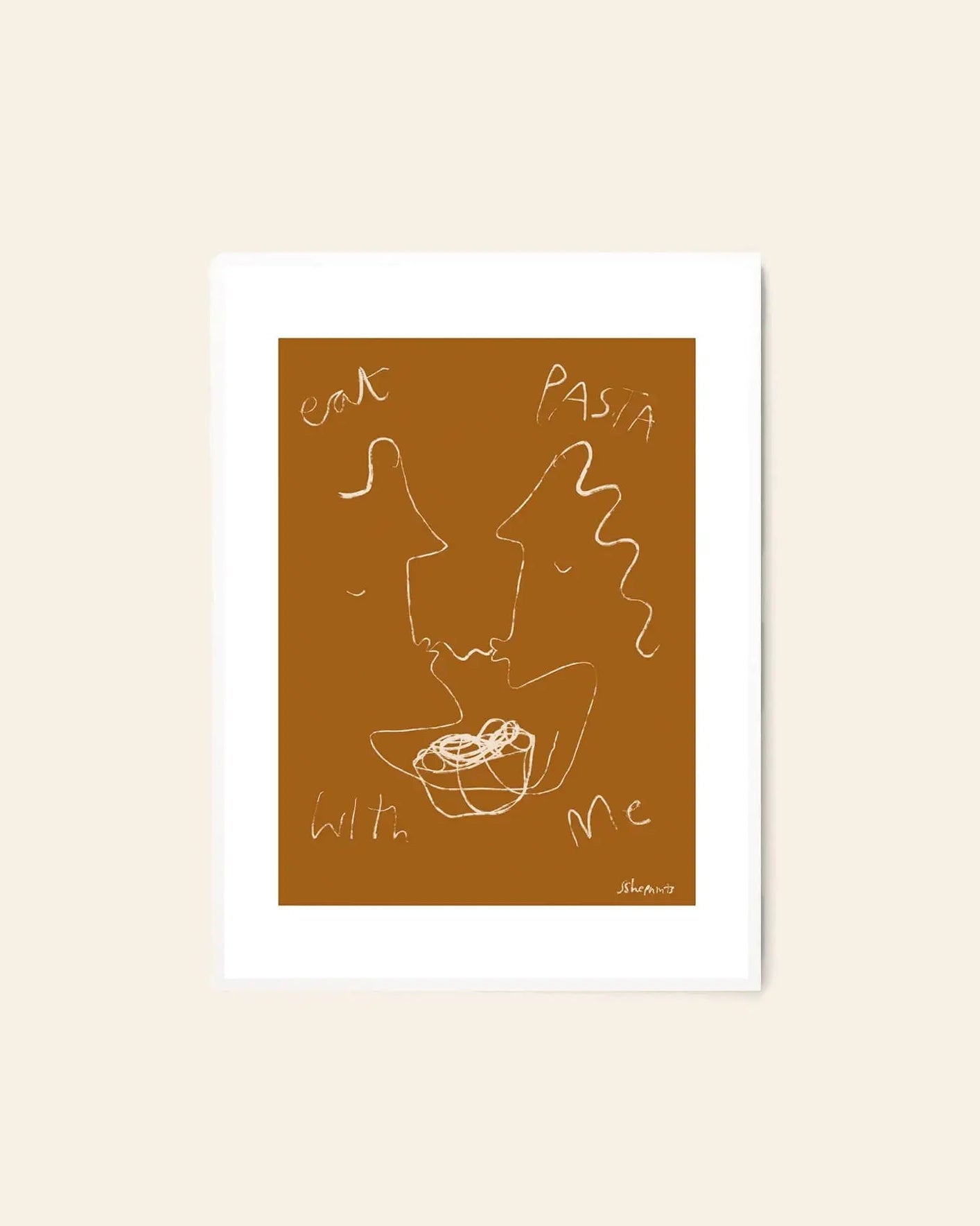 The Poster Club Ruby Hughes - Eat Pasta (50x70) print features minimalist line art of two faces sharing pasta on brown, with “eat PASTA with me” playfully arranged; available from The Poster Club.