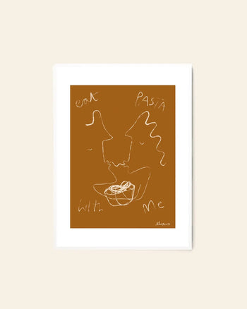 The Poster Club Ruby Hughes - Eat Pasta (50x70) print features minimalist line art of two faces sharing pasta on brown, with “eat PASTA with me” playfully arranged; available from The Poster Club.