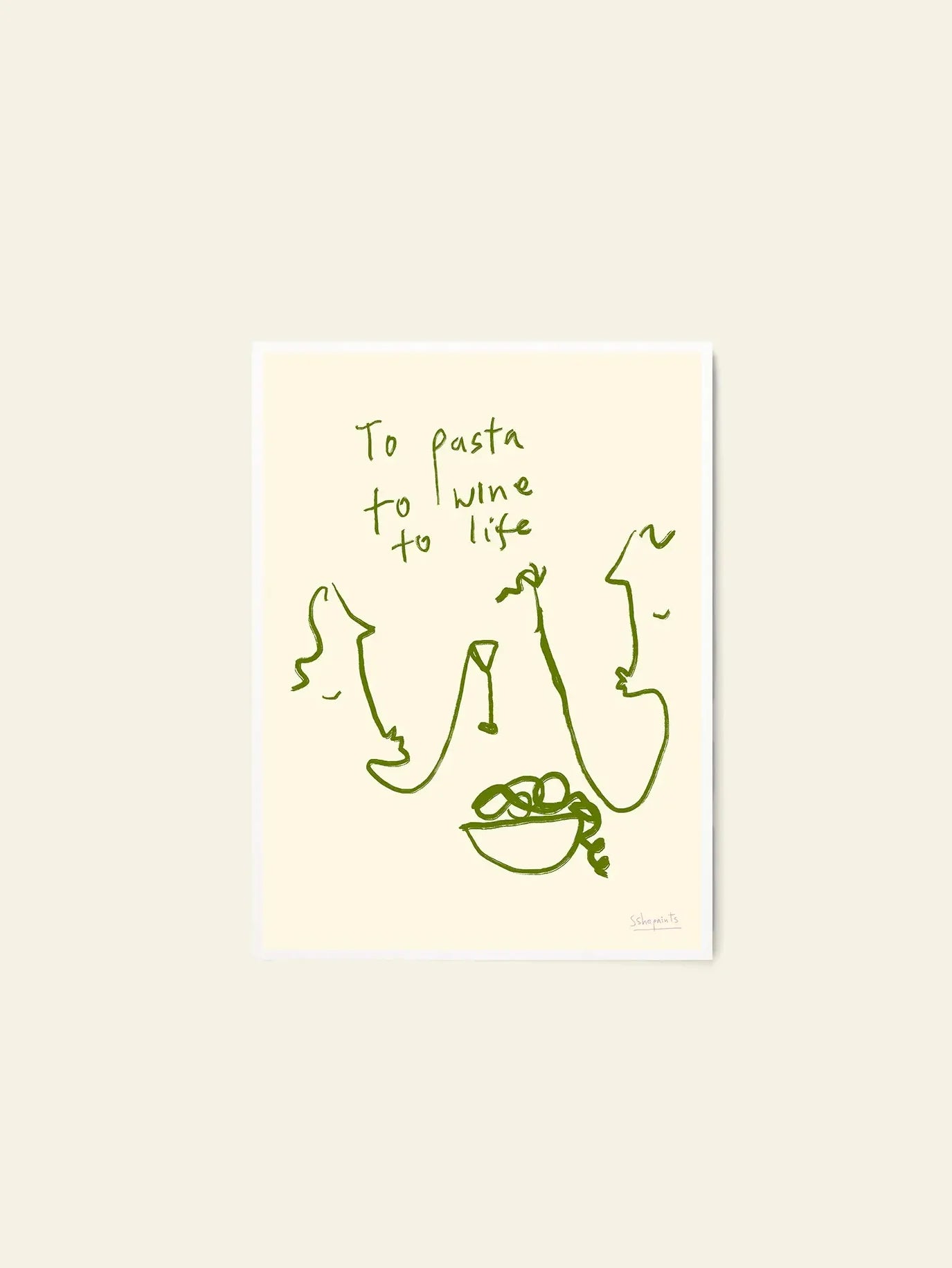 The Poster Club Ruby Hughes - To Life (30x40) features a minimalist green line drawing of two people toasting wine over pasta, with the text To pasta, to wine, to life on a cream background. Giclée print on premium art paper by The Poster Club.