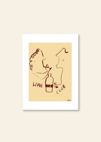 Ruby Hughes - Wine Club (30x40) by The Poster Club features two abstract faces sharing wine with a bottle between them and WINE CLUB below, all on a beige background. This elegant fine art print comes in a white frame.