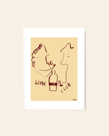 The Poster Club Ruby Hughes - Wine Club (50x70) is a fine art giclée print featuring minimalist line drawing of two faces with wine glasses and a bottle, plus WINE CLUB text on beige. Available at The Poster Club.