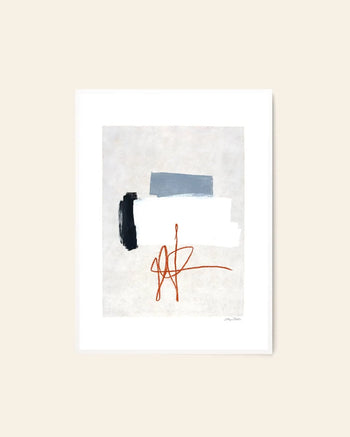 The Poster Club Sheryn Bullis - Dancing Downtown (50x70) features abstract overlapping white, gray, and black brushstrokes with a bold orange squiggle on a light background in a white frame. Available at The Poster Club.