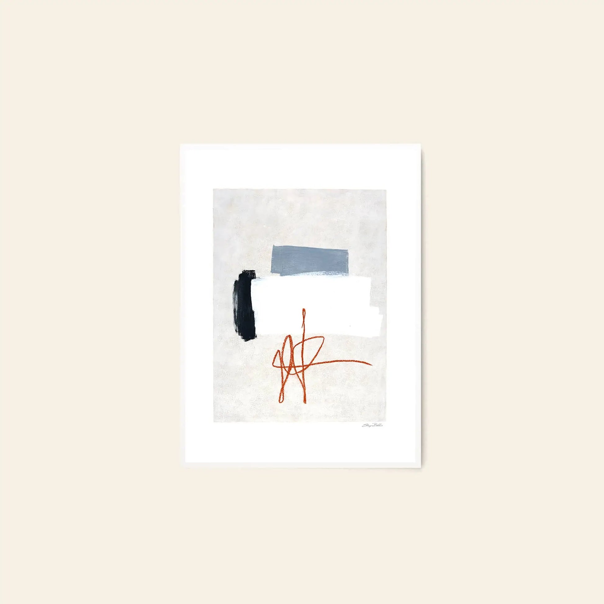 Flowers in Blue Vase (50x70) by Madelen Möllard for The Poster Club features minimalist abstract art in a white frame, styled against a beige wall.