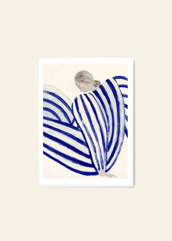 The Poster Club Sofia Lind - Blue Stripe At Concorde (50x70) is a minimalist giclée print from the Paris Metro Collection, featuring a blond figure in blue and white stripes on a light background, framed in white.