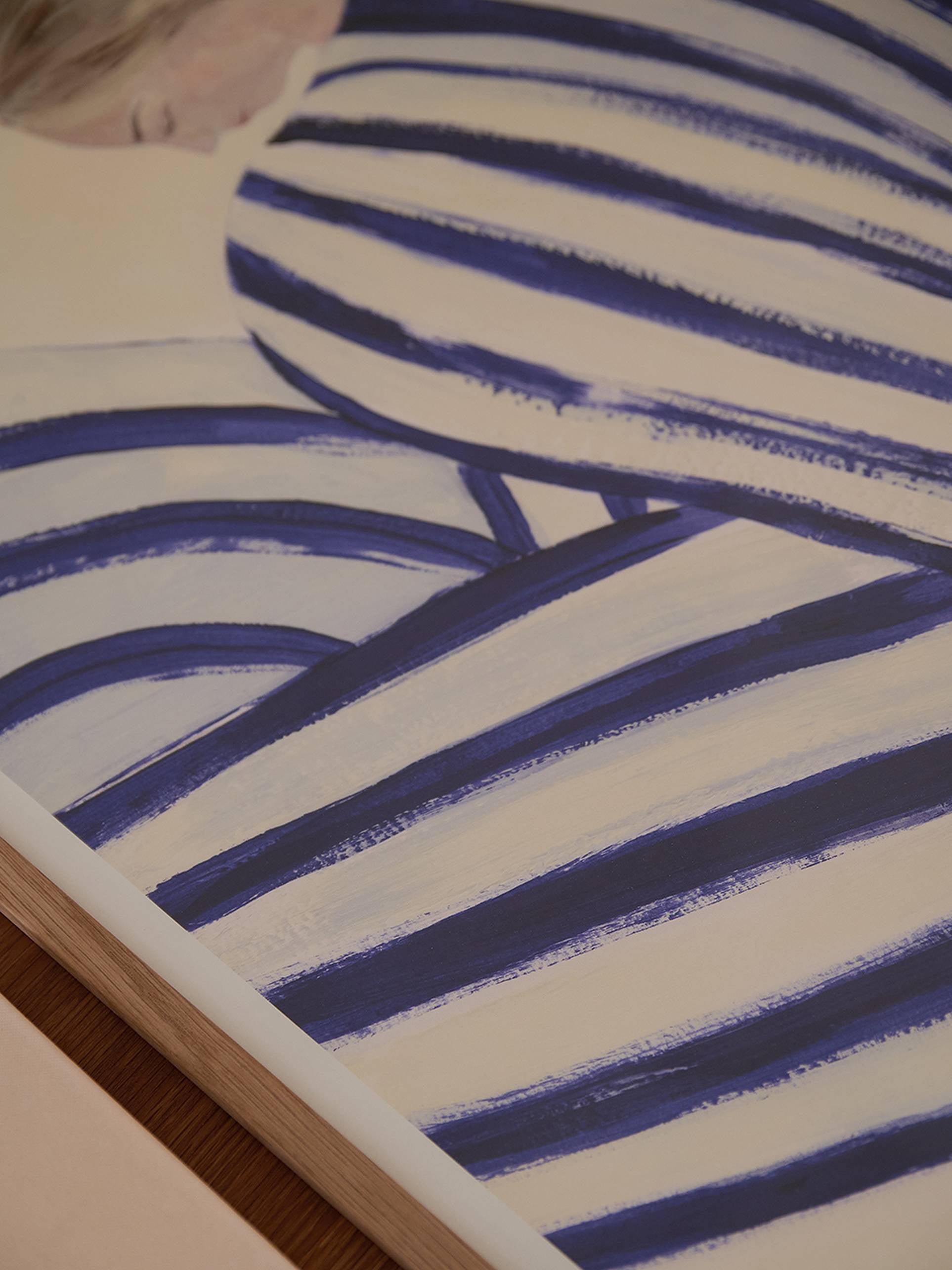 Close-up of The Poster Clubs Sofia Lind - Blue Stripe At Concorde (50x70) giclée print, featuring bold navy and white stripes with abstract curves hinting at a face and shoulder in the top left, from the Paris Metro Collection.