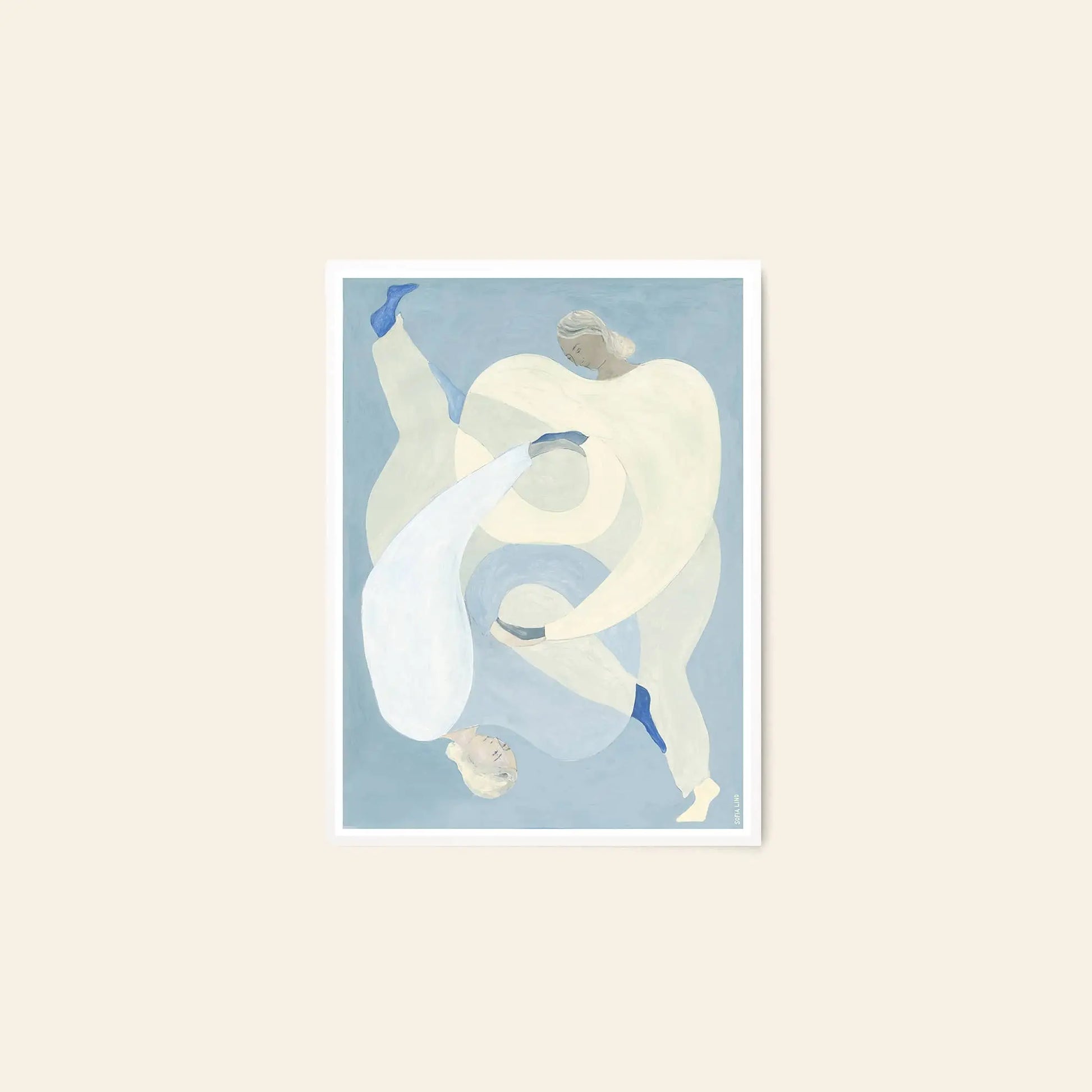 The Poster Club Berit Mogensen Lopez - Bloom (50x70) print features two light-haired human figures with intertwined limbs, one upside down, in soft blue and cream tones with blue socks on a pale blue background. Brand: The Poster Club.