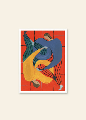 Sofia Lind - Hold You - Red (30x40) by The Poster Club features two intertwined figures—one in a yellow top, one in blue—with striped pants on a red tiled background. Dynamic shapes give this abstract art print vibrant energy.