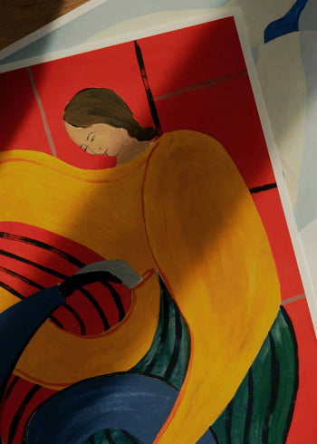 Sofia Lind’s Hold You - Red (30x40) art print, featuring a person with brown hair in yellow attire on a red background, is available at The Poster Club.