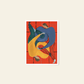 The Poster Club Sofia Lind - Hold You - Red (50x70) features two abstract intertwined figures in colorful outfits on a bold red and orange grid. Available from The Poster Club.