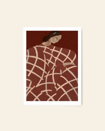 The Poster Club Sofia Lind - Waiting At Art Et Métiers (50x70) is a minimalist giclée print depicting a seated figure with dark hair in earthy tones, featuring intersecting beige grid lines on reddish-brown and finished with a white border.