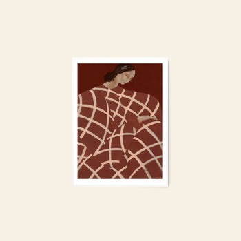 The Poster Club Berit Mogensen Lopez - Improvise (50x70) art print features a woman with dark hair in a geometric cream dress on a deep reddish-brown background, set in a white frame—ideal for any modern Poster Club collection.