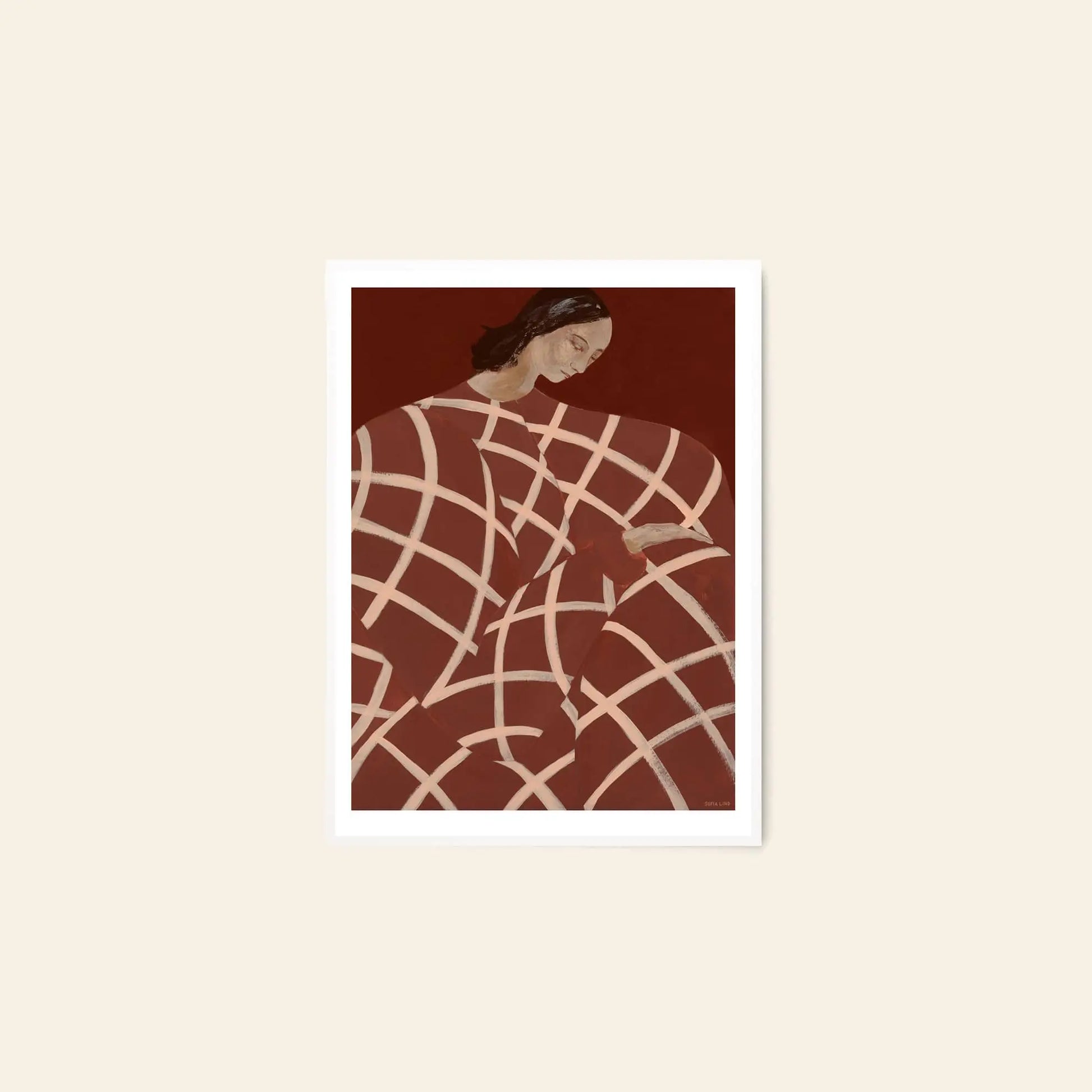 The Poster Club Berit Mogensen Lopez - Checkered (50x70) is a stylized art print featuring a woman with brown hair in a patterned red and beige dress on a deep red background, framed in white. Available at The Poster Club.